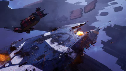 HD desktop wallpaper from Homeworld 3 featuring detailed spaceships engaged in a cosmic battle amidst floating debris.