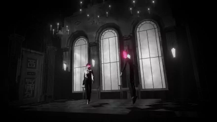 HD desktop wallpaper from the video game Lorelei and the Laser Eyes, featuring a noir-style scene with two characters in a grand room lit by glowing red eyes.