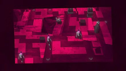 HD wallpaper for Lorelei and the Laser Eyes video game, featuring abstract red maze-like structures with shadowy figures scattered throughout.