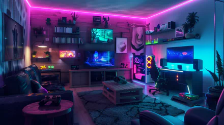 HD desktop wallpaper of a neon-lit gamer's room with multiple screens and gaming setup, featuring vibrant purple and blue lights.