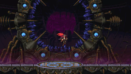 HD desktop wallpaper of the video game Gestalt: Steam & Cinder. The image features a character with red hair in a steampunk setting, standing on a platform in front of a large mechanical structure with glowing blue lights.