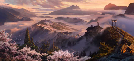 A 4K Ultra HD PC desktop wallpaper from Assassin's Creed Shadows features a misty mountainous landscape with cherry blossoms and distant temples at sunrise.