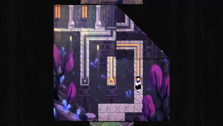 HD desktop wallpaper featuring a scene from the video game Paper Trail. The image showcases a character navigating a labyrinth-like path surrounded by glowing purple and blue flora.