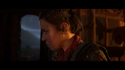 HD desktop wallpaper of Senua's Saga: Hellblade II features Senua in profile view, with a background of a dimly lit rustic structure and an outdoor scene.
