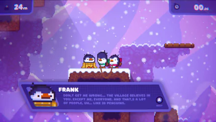 High-definition desktop wallpaper and background featuring characters from the video game Bread & Fred with in-game dialogue from a character named Frank, set in a snowy, pixel-art environment.