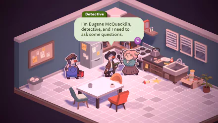 A scene from the video game Duck Detective: The Secret Salami showing detective Eugene McQuecklin in a kitchen, asking questions. This HD desktop wallpaper and background features a cozy, animated setting.