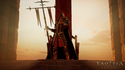 HD desktop wallpaper featuring a character from the video game Enotria: The Last Song standing regally with a weapon, against a sunset backdrop.