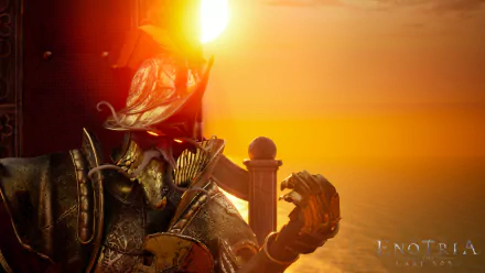 HD wallpaper for Enotria: The Last Song featuring a fantastical armored character against a stunning sunset backdrop. The title logo appears in the bottom right corner.