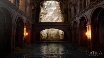 HD desktop wallpaper of Enotria: The Last Song video game, featuring an atmospheric stone-walled, arched waterway setting with warm lighting.