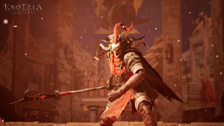 HD wallpaper of a character from the video game Enotria: The Last Song, showcasing a figure in detailed armor holding a staff against an ornate fantasy backdrop.