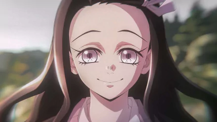 Anime-style close-up of Nezuko Kamado from Demon Slayer: Kimetsu no Yaiba, rendered in 4K Ultra HD as a vibrant PC desktop wallpaper background.