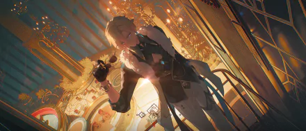 HD desktop wallpaper featuring Aventurine, a boy character from Honkai: Star Rail, depicted in a stylish pose with warm, intricate golden lighting and detailed background.