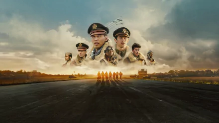 Masters of the Air 4K Ultra HD PC desktop wallpaper featuring a group of airmen standing on a runway with pilot portraits and planes in the sky above.