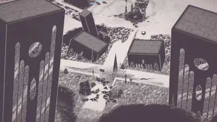 HD desktop wallpaper and background featuring a scene from the video game Hauntii, depicting tall, geometrically designed buildings and abstract landscapes in monochromatic tones.