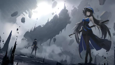 HD desktop wallpaper from the video game Wuthering Waves featuring characters Rover and Yangyang against a dramatic, cloudy landscape with floating rocks.