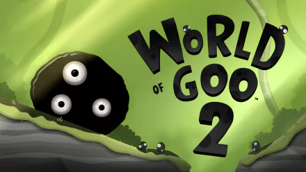 HD desktop wallpaper featuring the video game World of Goo 2 with a green background, black goo balls, and the game's title prominently displayed.