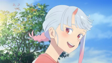 HD wallpaper of an anime character from My Oni Girl smiling with a serene blue sky and lush greenery in the background.