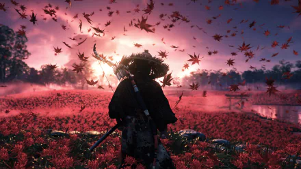 HD desktop wallpaper and background featuring a scene from the video game Ghost of Tsushima, depicting a warrior in a field of red flowers and falling leaves at sunset.