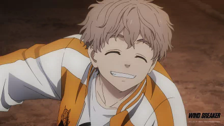 HD desktop wallpaper of Choji Tomiyama from the anime Wind Breaker, featuring him with a wide smile, wearing an orange and white jacket.