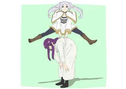 4K Ultra HD anime wallpaper featuring Frieren and Fern from Frieren: Beyond Journey's End in a playful pose against a light green background.