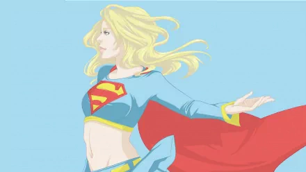 A vibrant HD desktop wallpaper featuring Supergirl in a dynamic pose, showcasing her signature blue and red costume with a flowing cape against a light blue background.