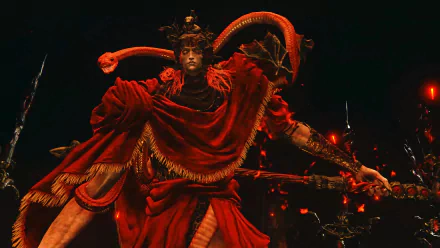 HD wallpaper featuring Messmer the Impaler from Elden Ring: Shadow of the Erdtree. The character is dressed in ornate red and black attire with intricate details against a dark background.
