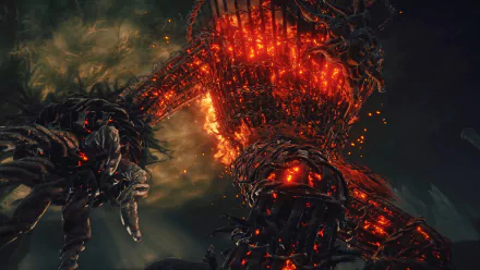 HD desktop wallpaper for Elden Ring: Shadow of the Erdtree, showcasing a fiery, monstrous creature amidst a dark, foreboding environment.