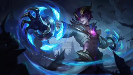 HD desktop wallpaper featuring Dyrroth from Mobile Legends: Bang Bang, showcasing a dramatic scene with dark tones, glowing blue weapons, and a menacing background.