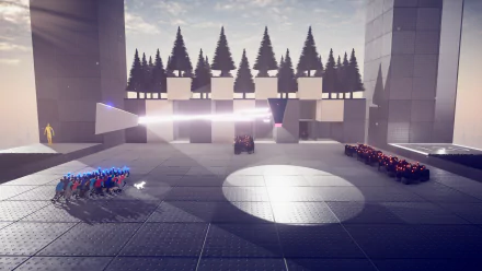 HD desktop wallpaper and background from the video game Humanity (2024) featuring a battle scene with groups of characters and a futuristic environment under a sky with scattered clouds.