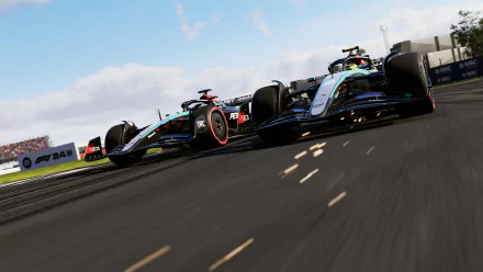 Two high-speed F1 cars race side by side on a track in a high-definition scene from the video game F1 24. The image is designed as a HD desktop wallpaper and background.