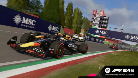 HD desktop wallpaper featuring the video game F1 24. The image showcases a high-speed Formula 1 race on a track, with cars speeding around a curve. Racing banners and a scoreboard are visible in the background.