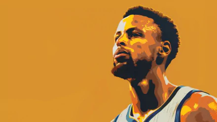HD desktop wallpaper with an illustration of NBA player Stephen Curry against an orange background.
