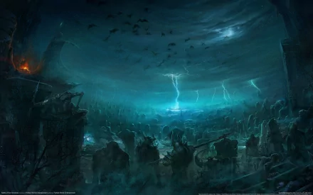 HD PC desktop wallpaper from the video game Battle Of The Immortals, depicting a dark, stormy battlefield with lightning illuminating shadowy figures and ruins.