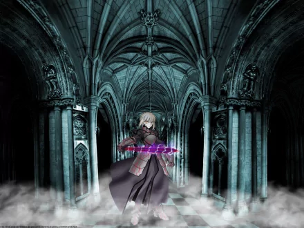 HD PC desktop wallpaper: Saber Alter from the anime Fate/Stay Night stands in a shadowed Gothic cathedral, cloak billowing, wielding a glowing purple corrupted sword amid mist.