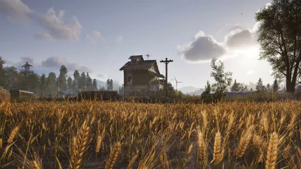 HD desktop wallpaper of Arena Breakout: Infinite featuring a serene rural landscape with a house, wheat field, trees, and a setting sun.