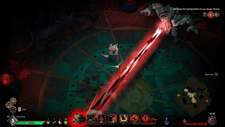 HD desktop wallpaper of the game Ravenswatch featuring intense gameplay with a character battling an enemy using a powerful red energy beam. The game interface and a map are visible in the background.