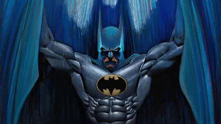 HD PC desktop wallpaper by Norm Breyfogle: Batman with cape spread and emblem prominent, looming in dramatic blue shadows in a bold, muscular comic-book style.