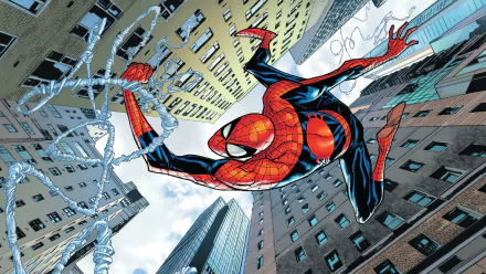 HD PC wallpaper featuring Spider-Man swinging between skyscrapers, illustrated in dynamic style by Humberto Ramos.