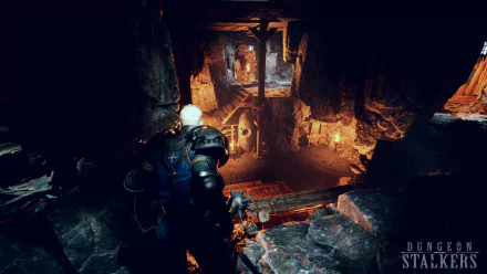 This HD desktop wallpaper features a scene from the video game Dungeon Stalkers, showcasing a heavily armored character navigating through a dimly lit, cavernous dungeon.