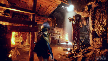 HD desktop wallpaper of the video game Dungeon Stalkers, depicting a dimly lit, dungeon-like environment with a character exploring, surrounded by wooden structures and torch flames.