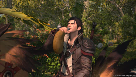 HD desktop wallpaper featuring a scene from the video game Final Fantasy XIV: Dawntrail, depicting a character drinking from a flask in a lush, green forest setting.