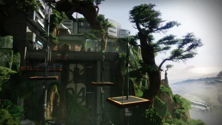 HD desktop wallpaper and background from Destiny 2: The Final Shape featuring a scenic view with lush greenery, floating platforms, and a building integrated into the landscape.