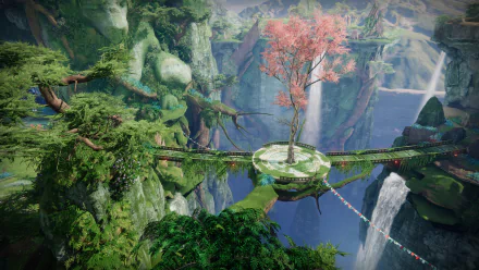 HD desktop wallpaper and background featuring a mesmerizing landscape from Destiny 2: The Final Shape, showcasing lush greenery, a central pink tree on a floating platform, and cascading waterfalls.