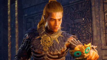 HD desktop wallpaper and background featuring a character from the video game Soulmask, adorned in detailed armor with a mystical mask in hand against an intricate, ancient-themed backdrop.