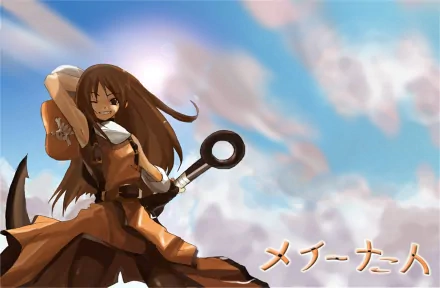 HD PC desktop wallpaper of May (Guilty Gear): smiling video game pirate girl in orange outfit wielding a giant anchor against a bright, cloud-filled blue sky.