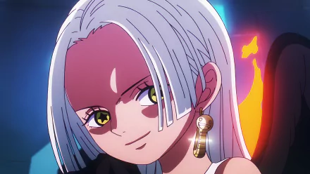 Anime-style 4K Ultra HD PC wallpaper featuring S-Snake from One Piece with striking white hair, yellow eyes, and a fiery background.