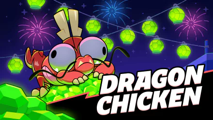 HD desktop wallpaper featuring a character from the video game Squad Busters, known as Dragon Chicken, with a vibrant background of fireworks and green lanterns.