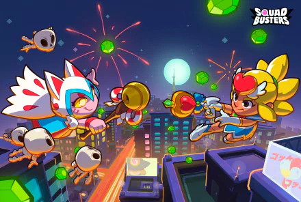 HD desktop wallpaper featuring colorful characters from the video game Squad Busters by Supercell, set against a vibrant nighttime cityscape with fireworks and gems in the background.