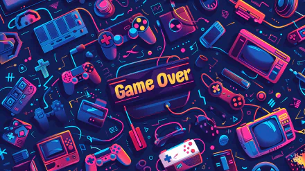 Colorful HD desktop wallpaper featuring a vibrant Game Over text surrounded by various gaming consoles and controllers, capturing the essence of gaming culture.