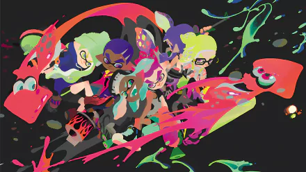 Splatoon 2 4K Ultra HD PC desktop wallpaper and background featuring colorful Inklings dashing through neon ink splatters on a dark backdrop.